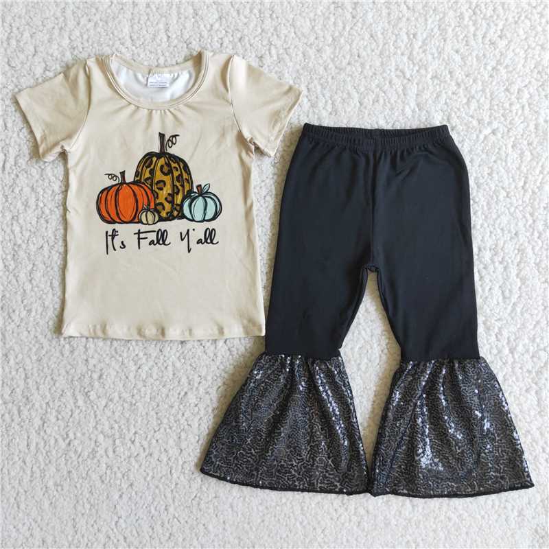 A0-11 Girls Tricolor Pumpkin Short Sleeve Sequin Pants Set