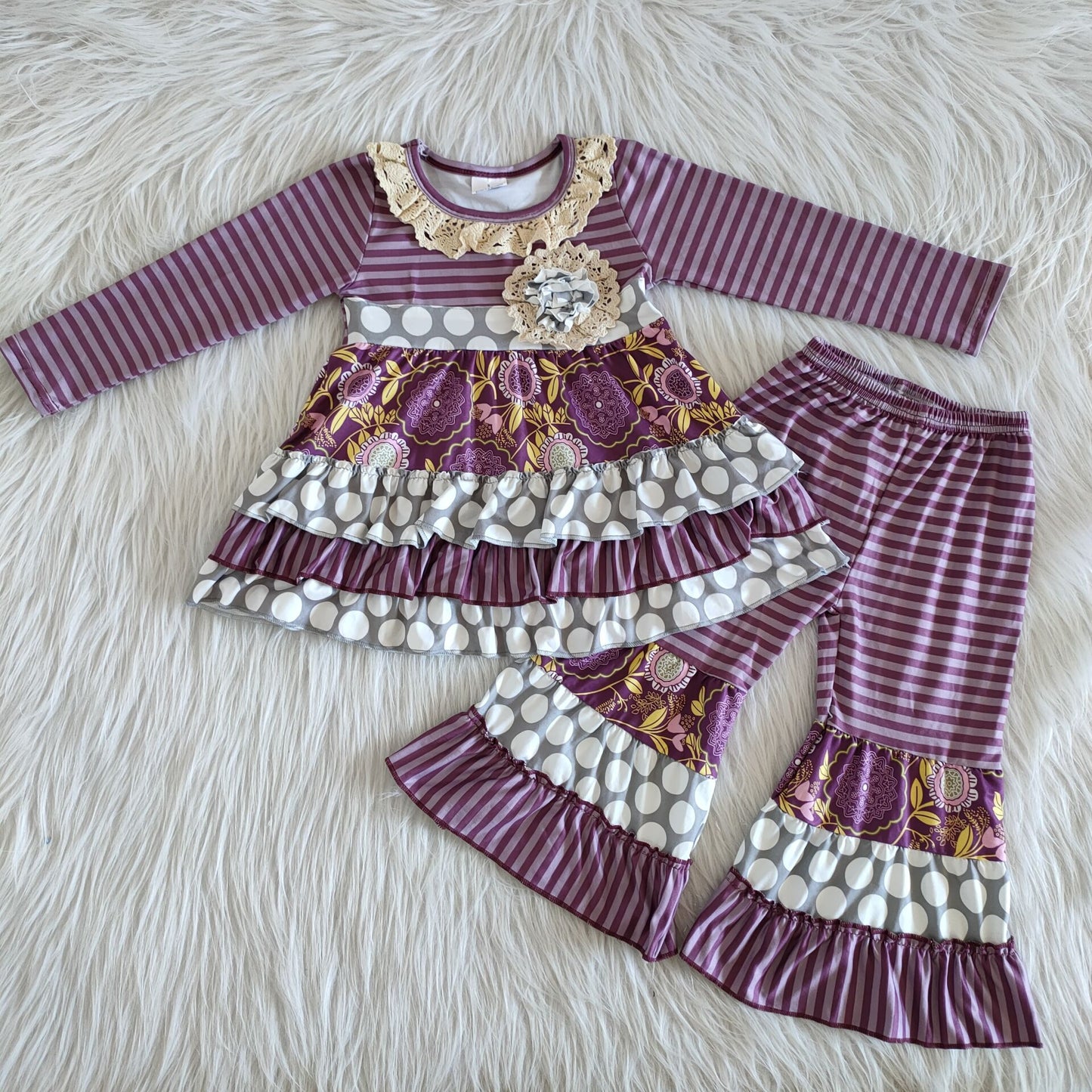 purple striped girl's children outfit sets