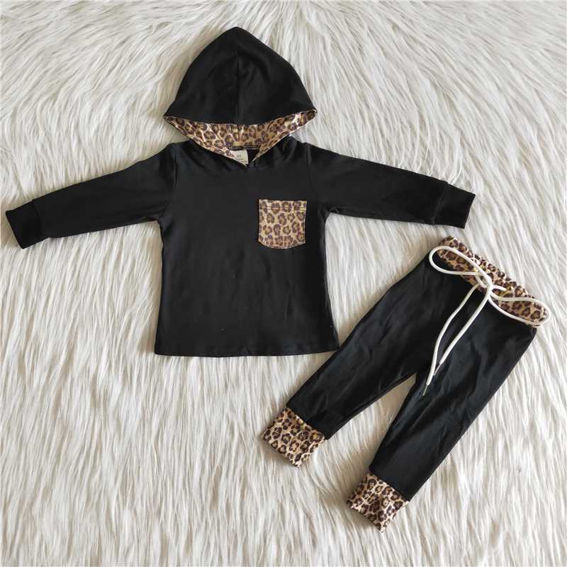 Leopard Pocket black hooded boys outfits