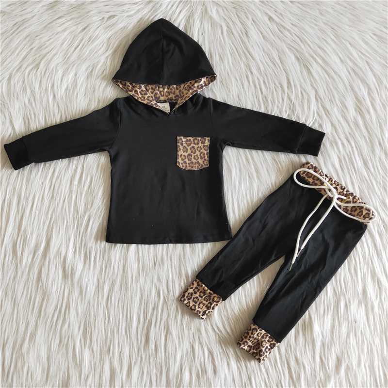 6 C7-16 Boys Macular Leopard Pocket Black Hoodie Long Sleeve Pants Set