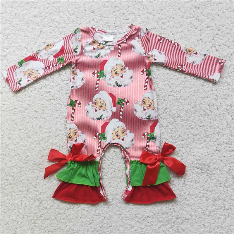 Christmas santa pattern red striped long sleeve romper