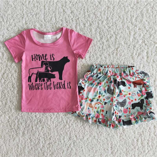 Girls rose letter home farm lace shorts set