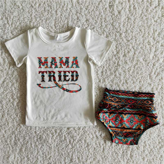 B10-22 girl outfit RTS Mama tried design aztec patterned western style newborn baby bummies set boutique 2 pcs clothing set