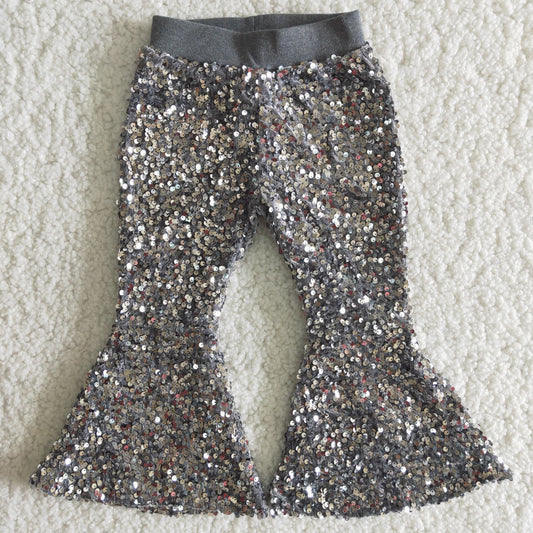 grey sequin long flared trousers
