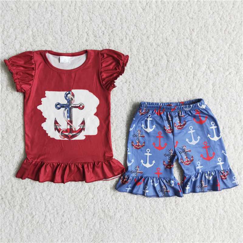 Girls Burgundy Boat Spear Summer Short Sleeve Shorts Boutique Set