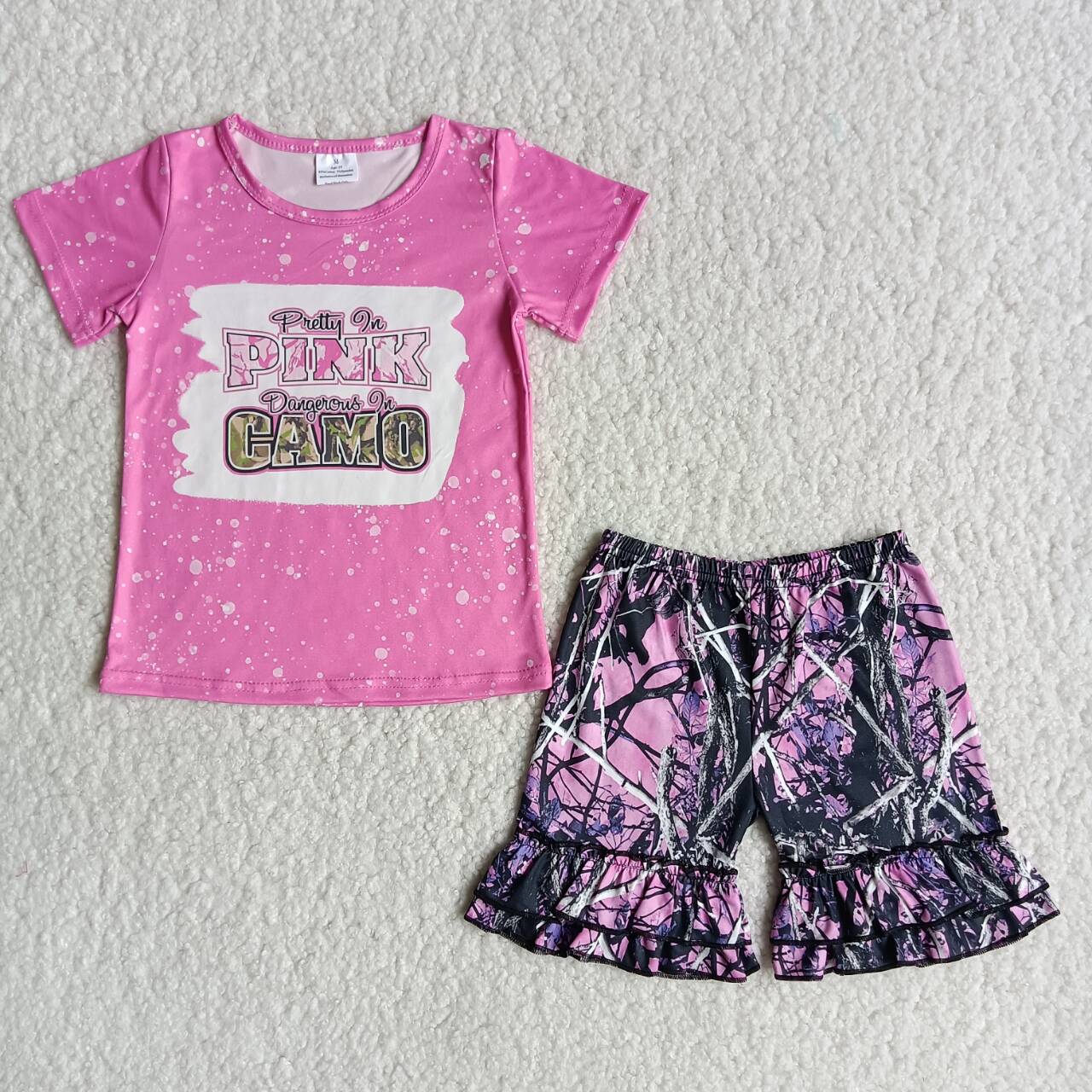 Girls Letter Pink Short Sleeve Shorts Outfit