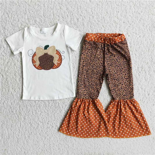 C10-14 Pumpkin Bow Top Leopard Polka Dot Flared Pants Outfits