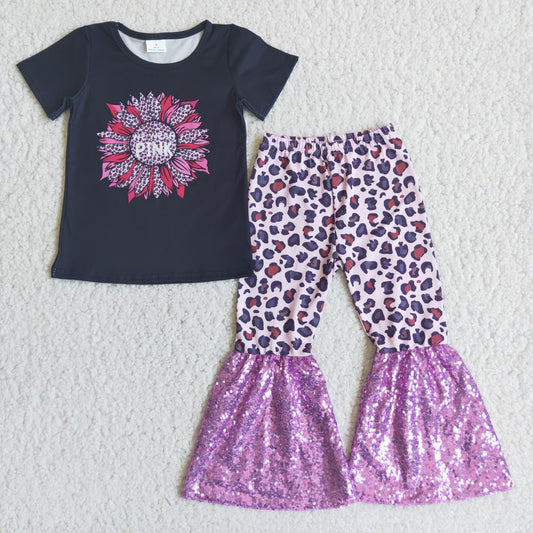 pink sunflowers leopard pattern long pants set