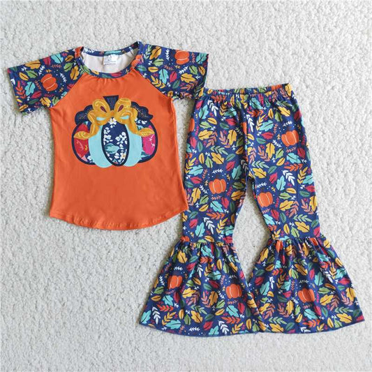 RTS NO MOQ（In Stock) E1-3 Orange Pumpkin Top Pumpkin Leaf Flare Pants Outfit