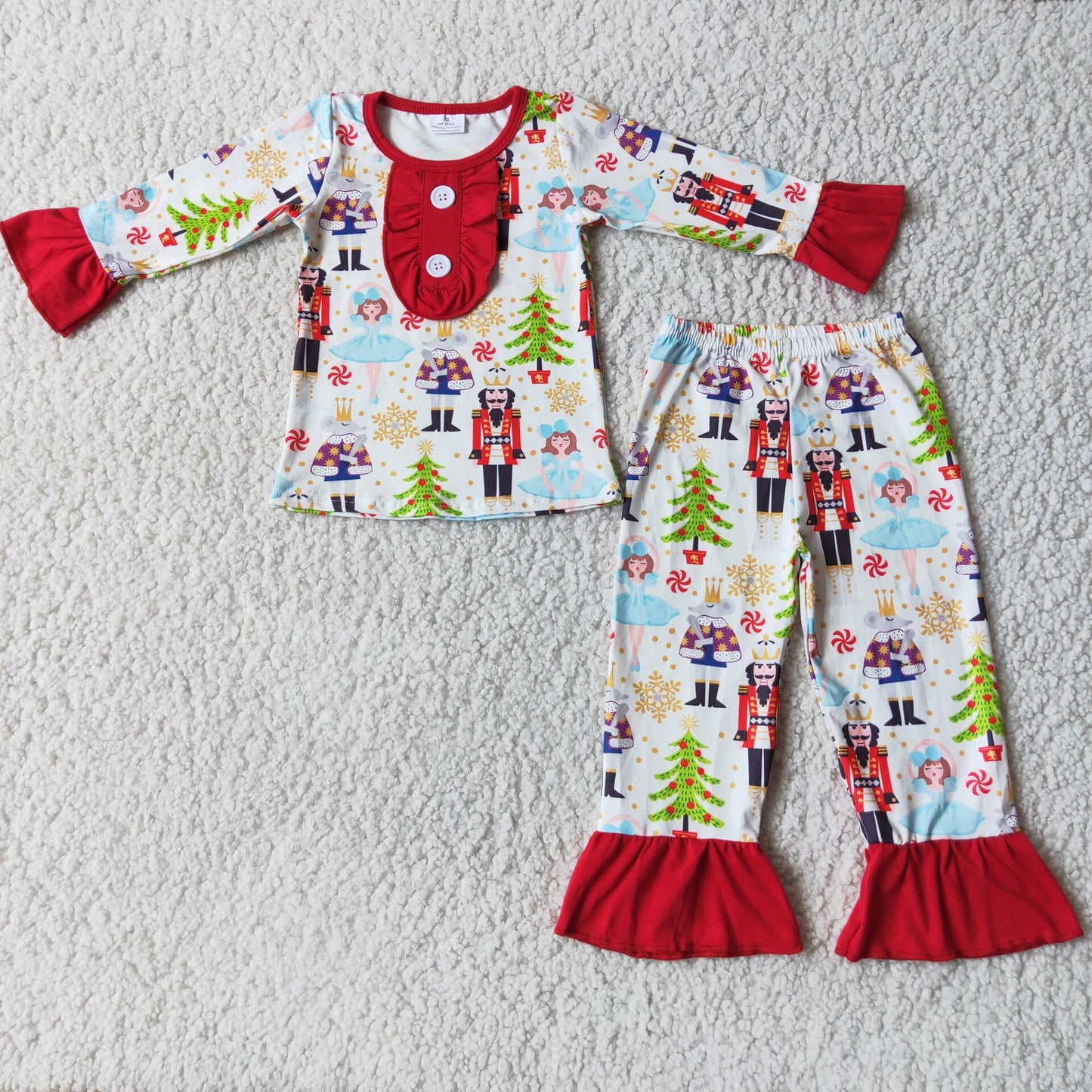 Girls Christmas Button Red Cuff Guard Pajamas