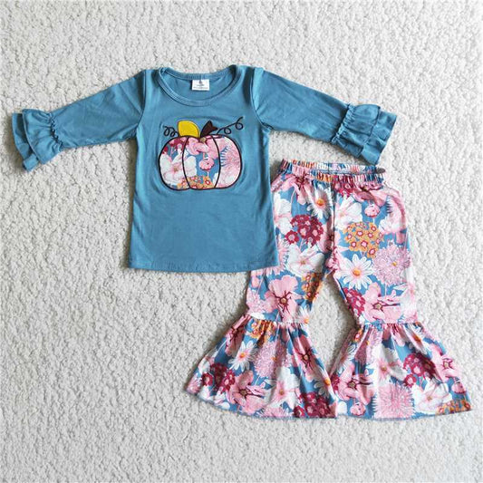 Embroidered Pumpkin Blue Top Print Flared Pants Set