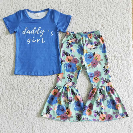 E2-4 blue daddy's girl letter flowers pattern long pants set Blue letter top printed bell bottom pants suit
