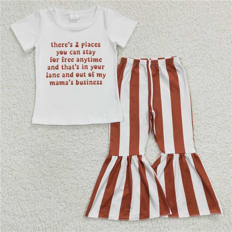 E4-4 Letter Short Sleeve Top Brown Stripe Flared Pants Set