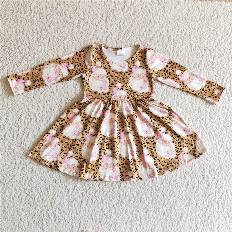 6 A7-13 baby christmas clothing long sleeve leopard santa claus print kids dresses for girls milk silk