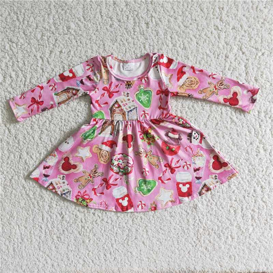 6B1-3girls dress fall winter  baby clothing over knee christmas long sleeve santa claus print