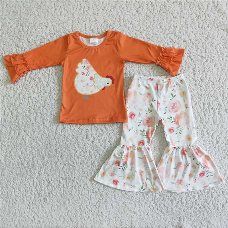 orange chicken flowers design long sleeve pants set