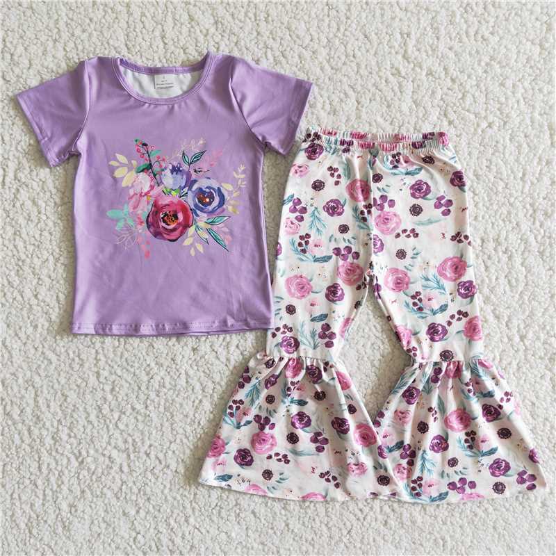 Purple Print Short Sleeve Flared Pants Set