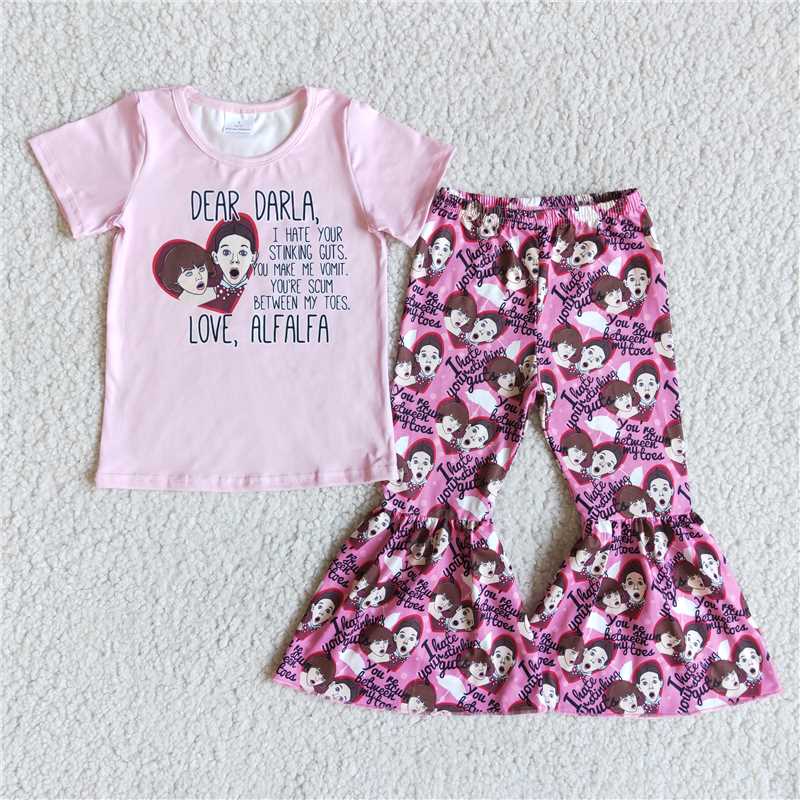 Cartoon character LOVE pink short-sleeved flared pants suit