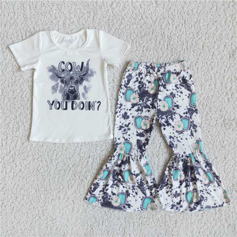 E9-30 Kids Clothing Girls Short Sleeve Top And Long Pants Cow Print