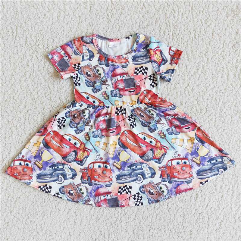 short sleeve dress big skirt cars pattern