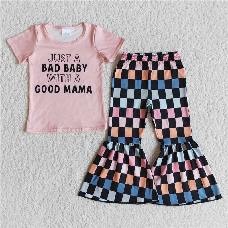 BAD BABY Pink Short Sleeve Plaid Flared Pants