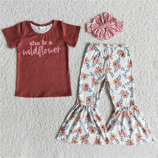 E13-30 Kids Clothing Girls Short Sleeve Top And Long Pants Flower Print