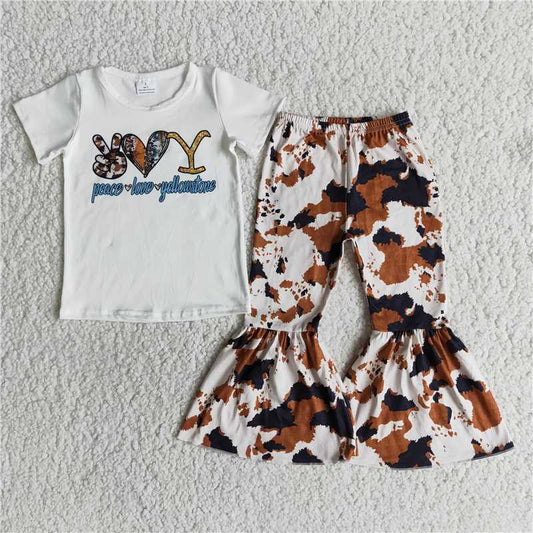 Gesture Heart Short Sleeve Ink Pattern Flared Pants Set