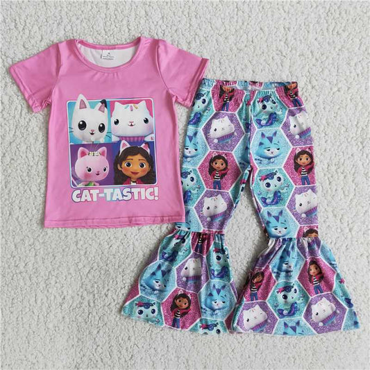 E14-11 TASTIC Cartoon Cat Short Sleeve Flared Pants Set