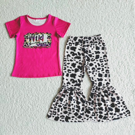 Rose Red Short Sleeve Top Leopard Print Flared Pants Suit
