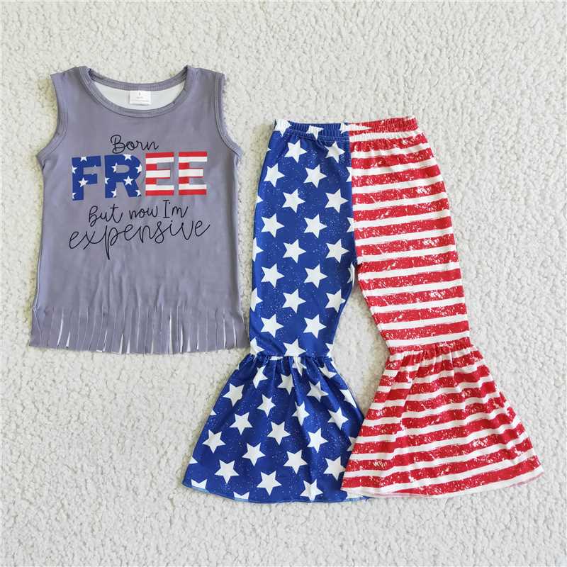 rts no moq GSPO0050 Girls FREE National Day Tassel Gray Sleeveless Trousers Set