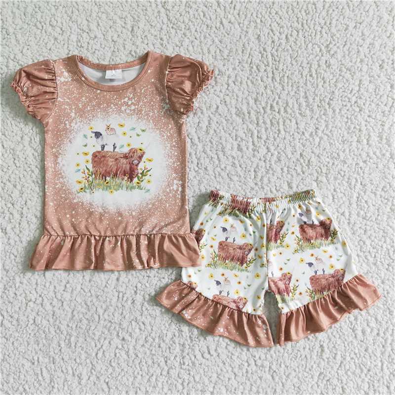 GSSO0083 Girls' Light Brown Alpine Gloria Butterfly Puff Sleeve Lace Shorts Set
