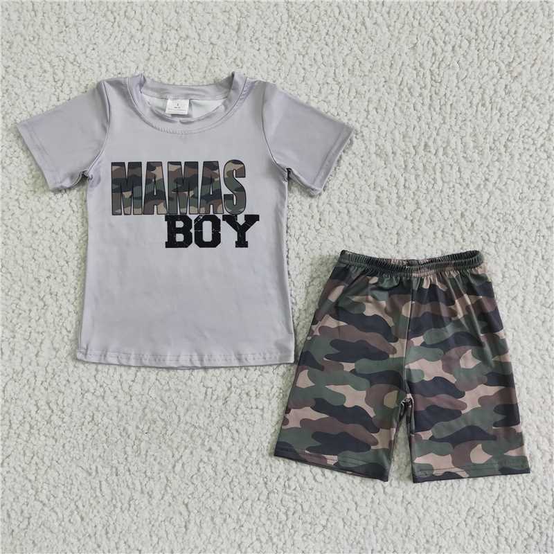 RTS NO MOQ（In Stock ) BSSO0049 Boys Gray MAMASBOY Short Sleeve Camouflage Shorts Set