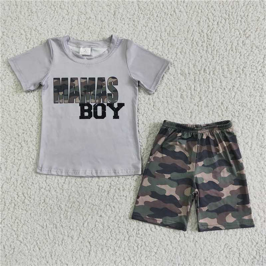BSSO0049 Boys Gray MAMASBOY Short Sleeve Camouflage Shorts Set