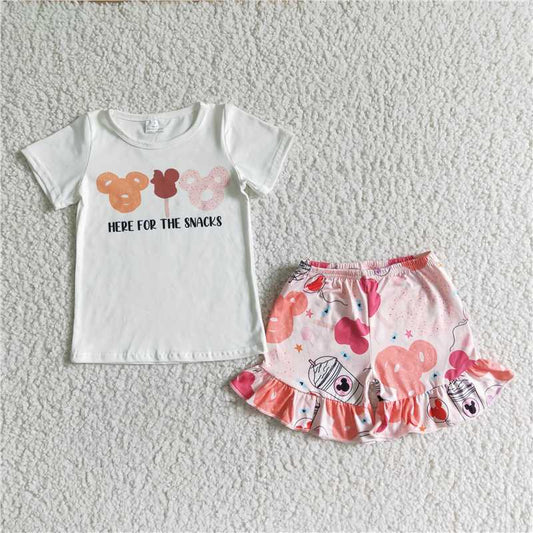 rts no moq GSSO0049 Girls HEREFORTHESNACKS Bear Head White Short Sleeve Shorts Set