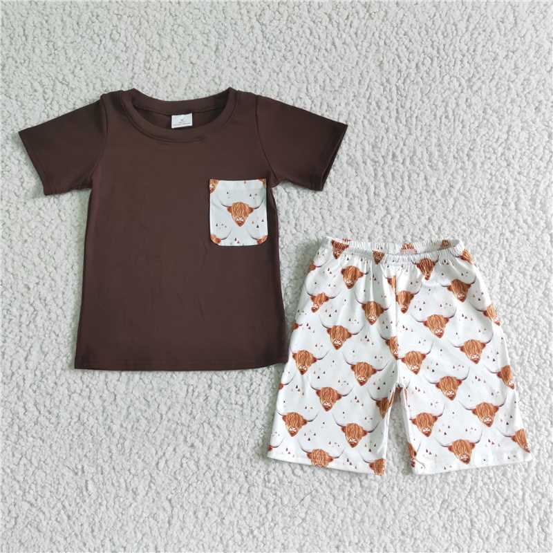 BSSO0032 Boys Brown Pocket Short Sleeve Alpine Shorts Set