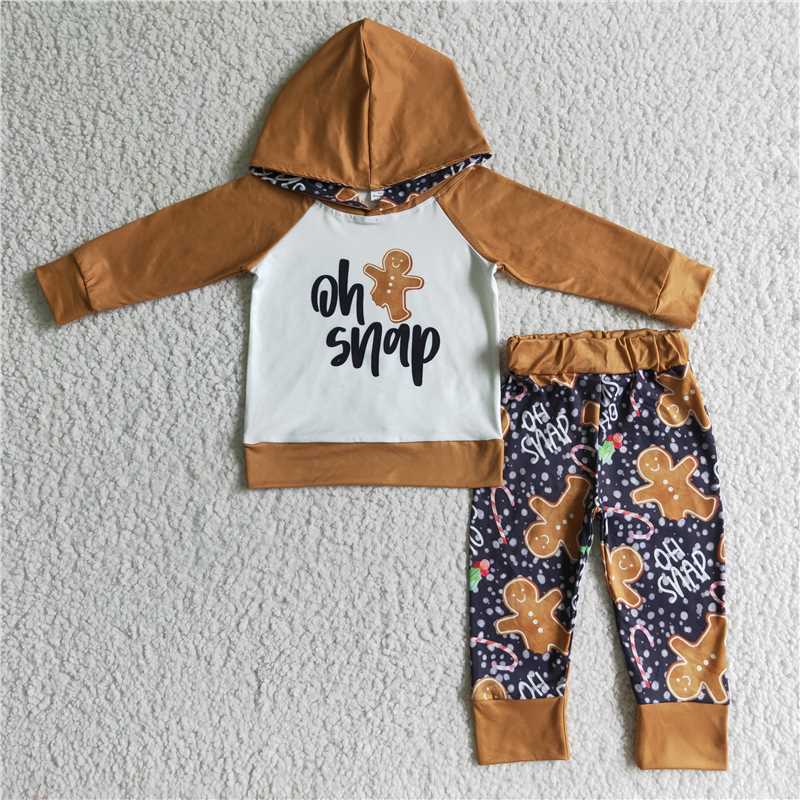BLP0075 boys Christmas outfit long sleeve and long pants with a hat gingerbread Man print