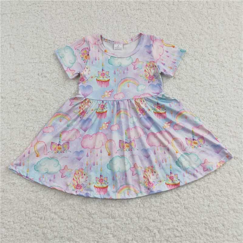 rts no moq GSD0166  Girls Unicorn Rainbow Short Sleeve Dress