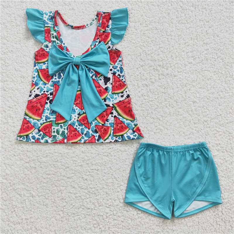 rts no moq GSSO0137 Girls Watermelon Blue Flying Sleeve Shorts Set