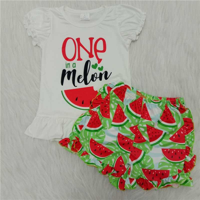 Girls White Puff Sleeve Green Watermelon Shorts Outfit