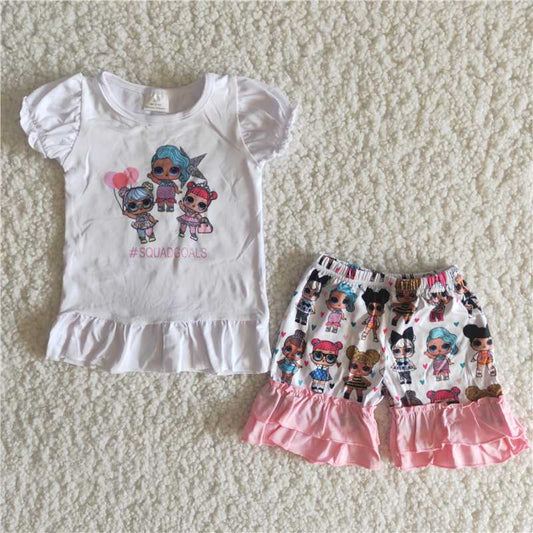 Girls doll white puff sleeve lace shorts outfit