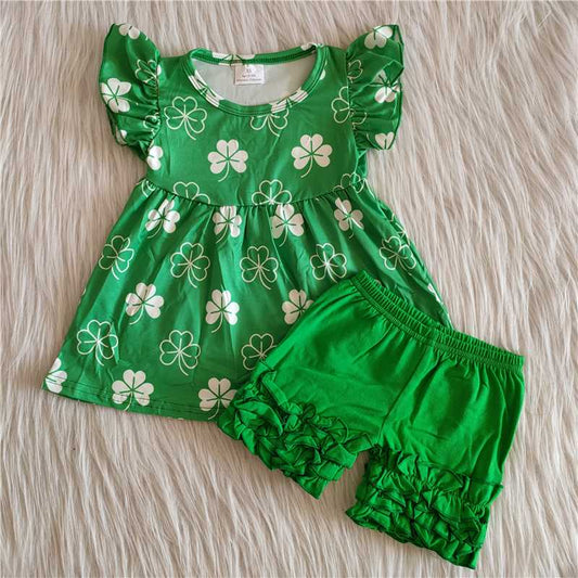 Green Four Leaf Clover Small Fly Sleeve Lace Shorts Suit