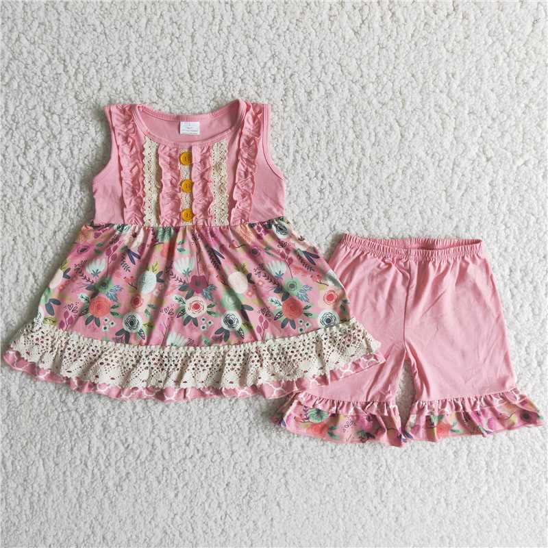 Girls sleeveless pink button lace flower outfit