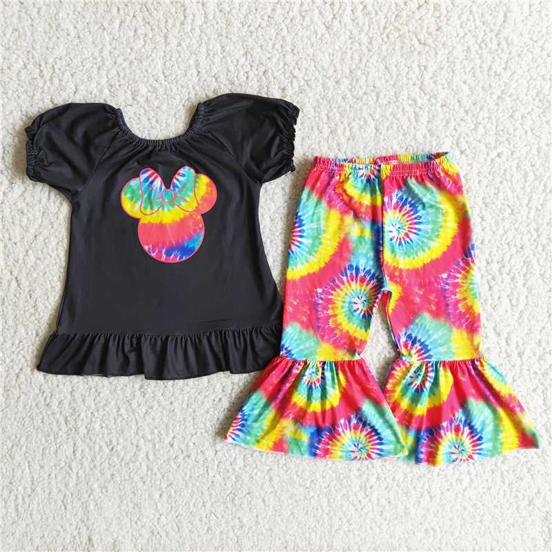 A3-10 Cartoon Bow Black Top Tie Dye Flared Pants