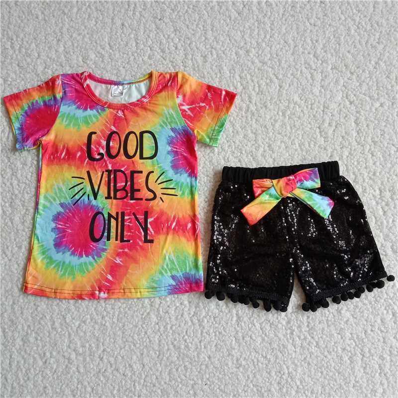 Girls Letter Tie Dye Short Sleeve Top Bow Sequin Black Shorts Set