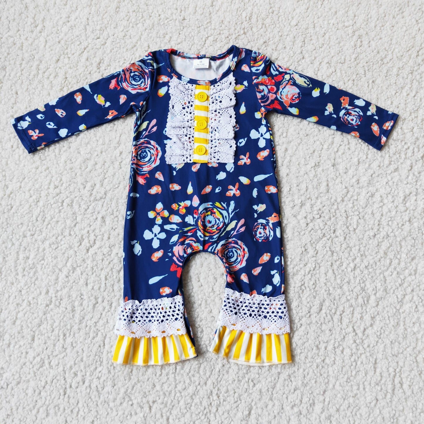 navy blue flowers pattern long sleeve romper