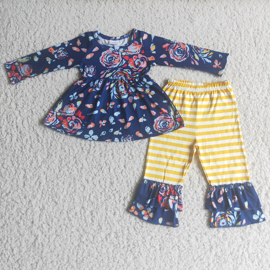 navy blue flowers striped girl set