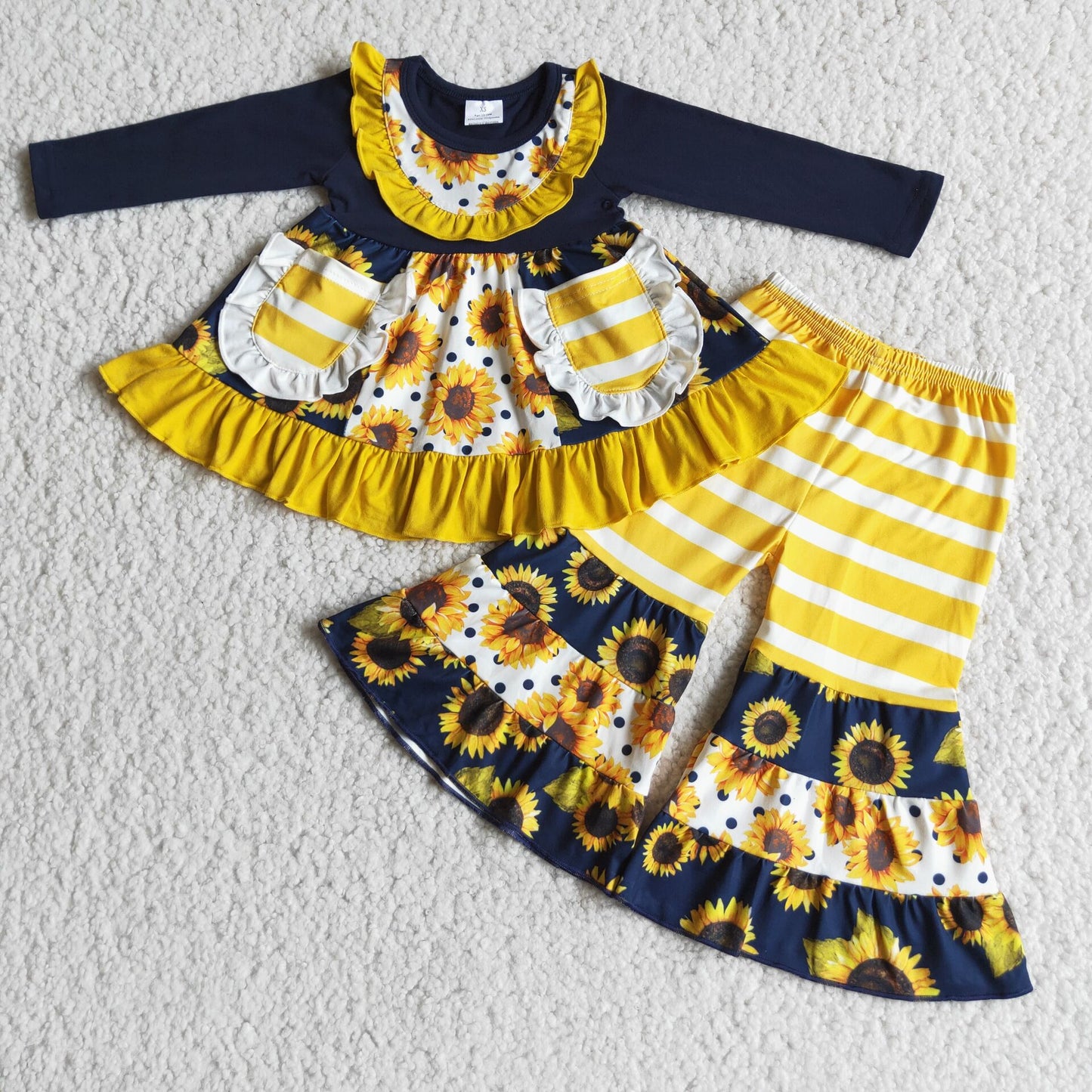 6 A22-28 yellow sunflowers striped pocket girl set