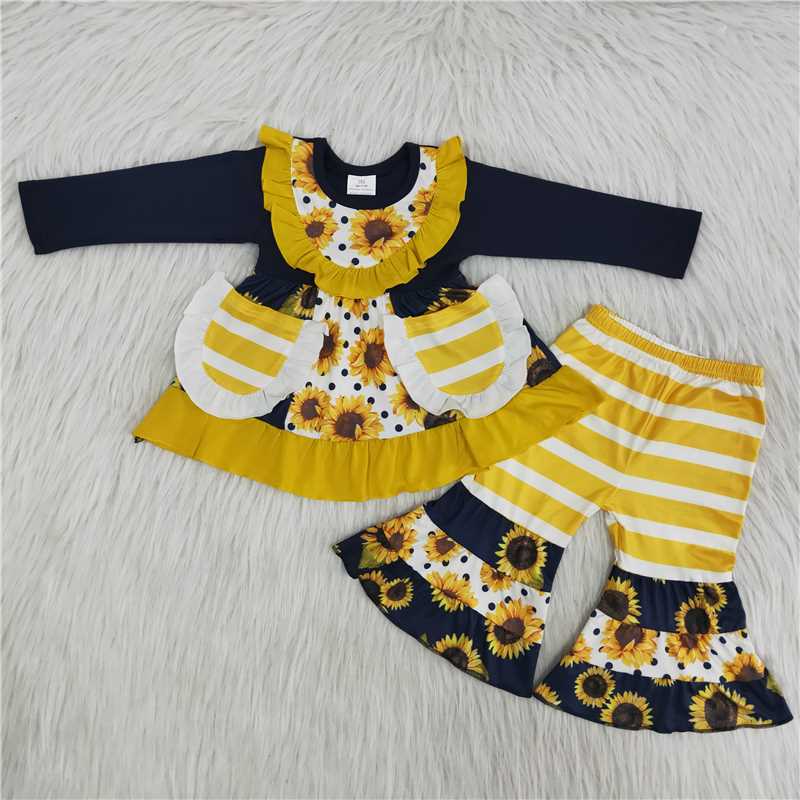 sunflowers pockets yellow striped long sleeve pants set