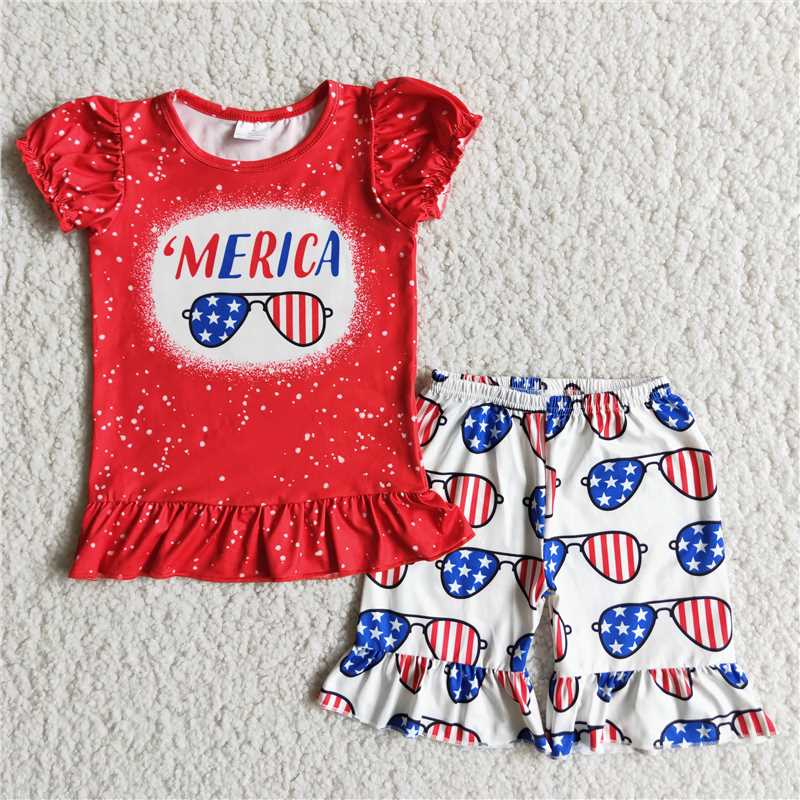 D9-17 Summer short sleeve and short pants MERICA sunglasses girls set milk silk