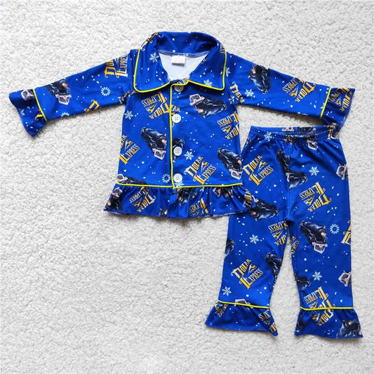 blue train buttons girl set pajamas